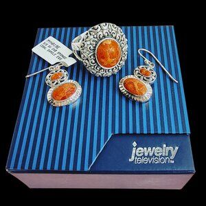 Sterling Silver 925 Sponge Coral Jewelry Set – Dangle Earrings & Statement Ring